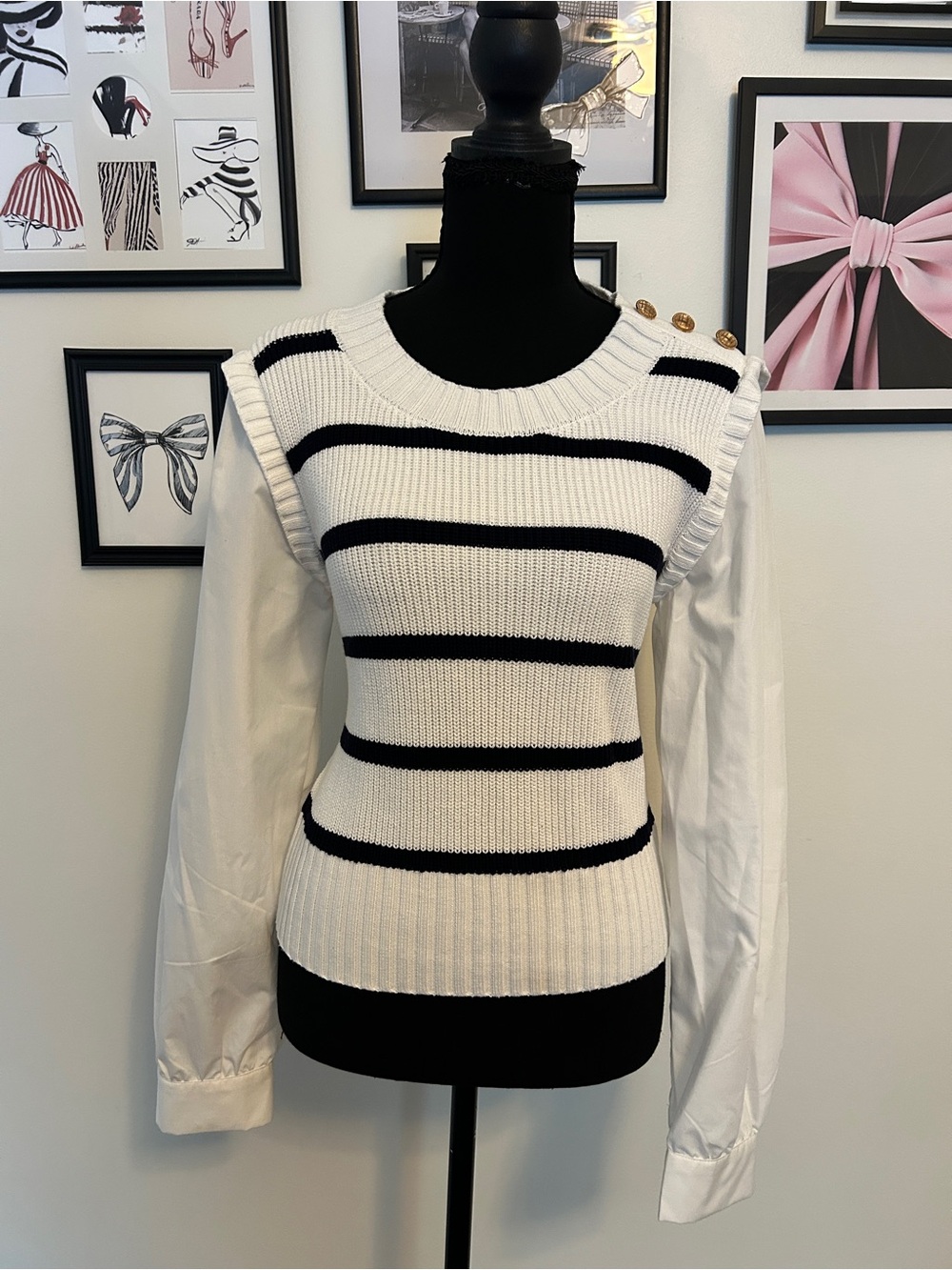 Nannette White and Navy Striped Button-Shoulder Sweater